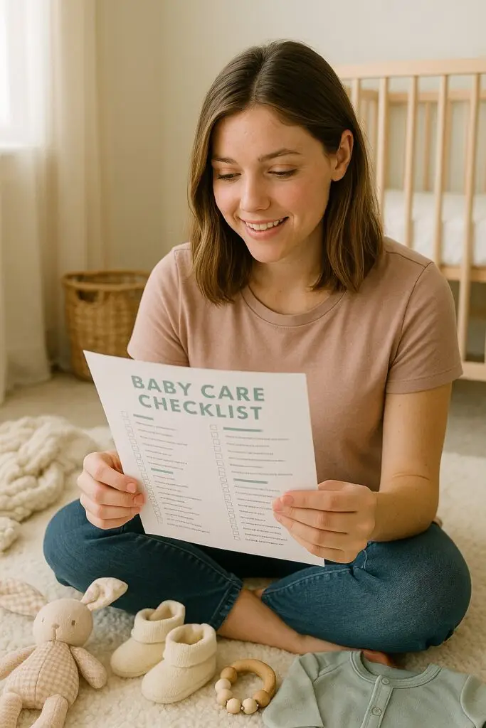 Mother reading a newborn care checklist