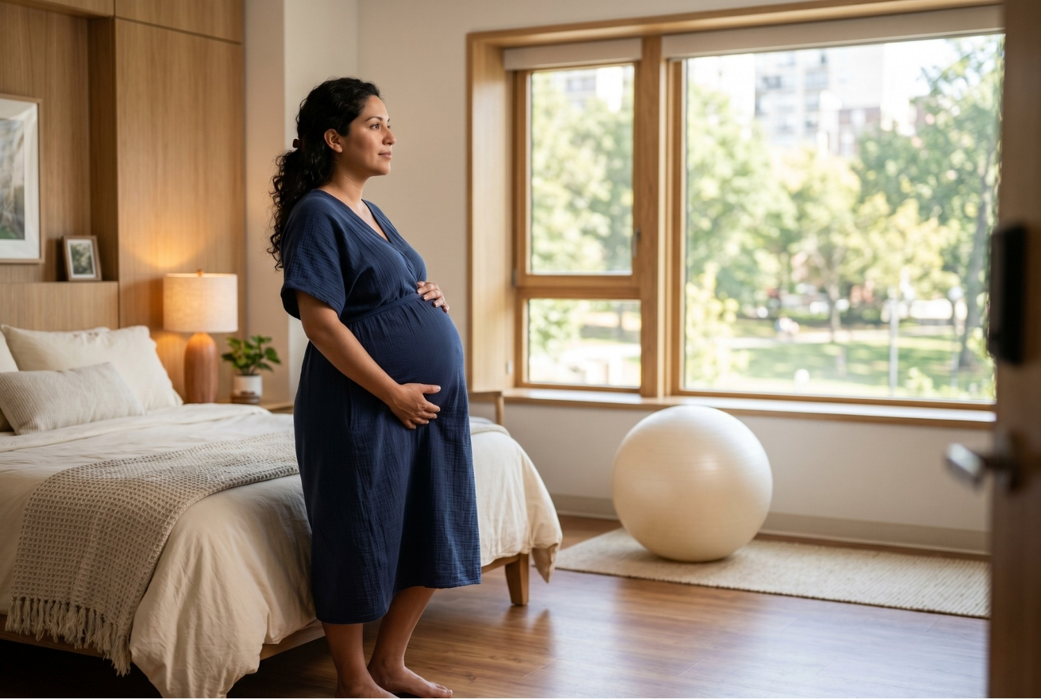Pregnant woman standing calmly in a modern birthing suite near a window