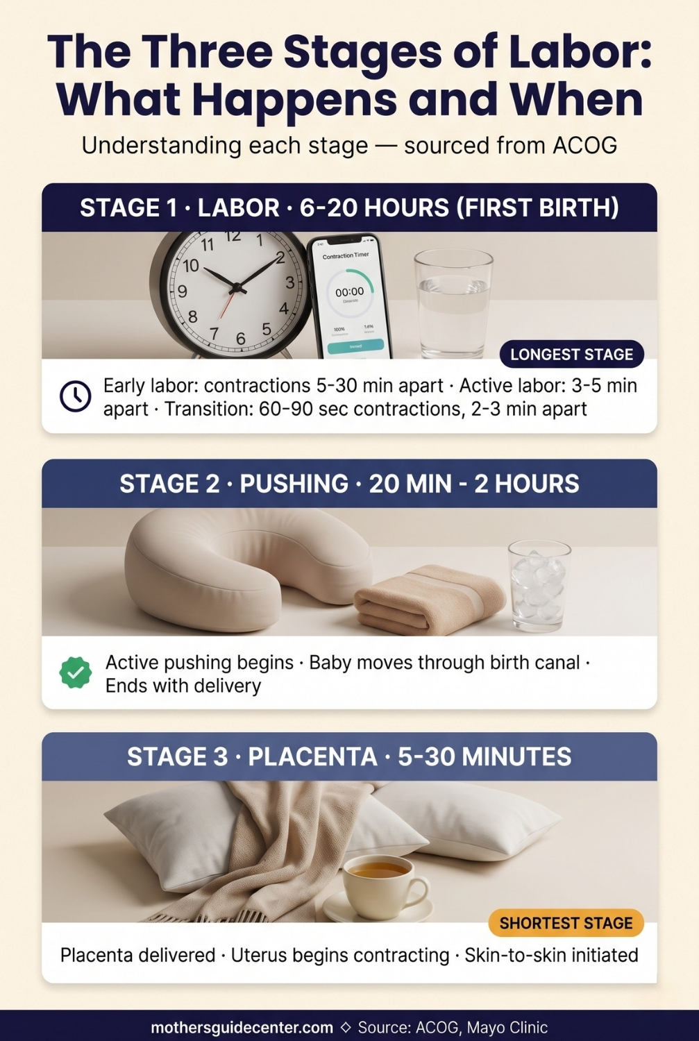 Giving birth — infographic showing three stages of labor from cervical dilation to delivery to placenta with timing estimates