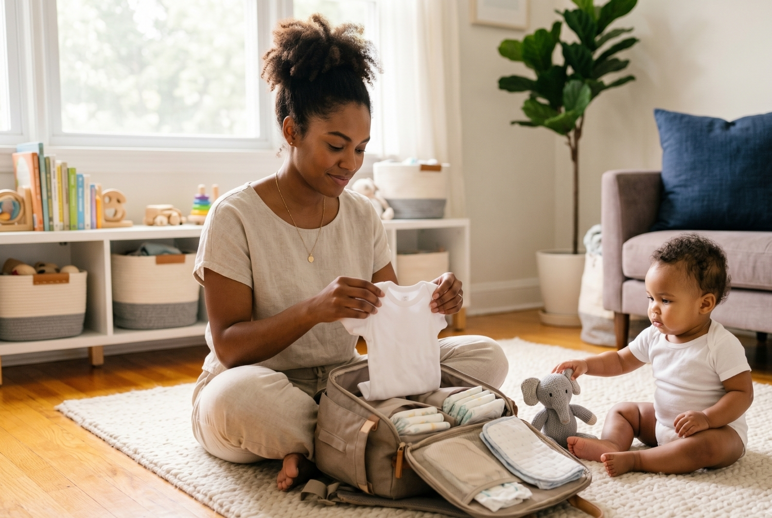 Organized diaper bag with baby essentials laid out on a nursery changing table