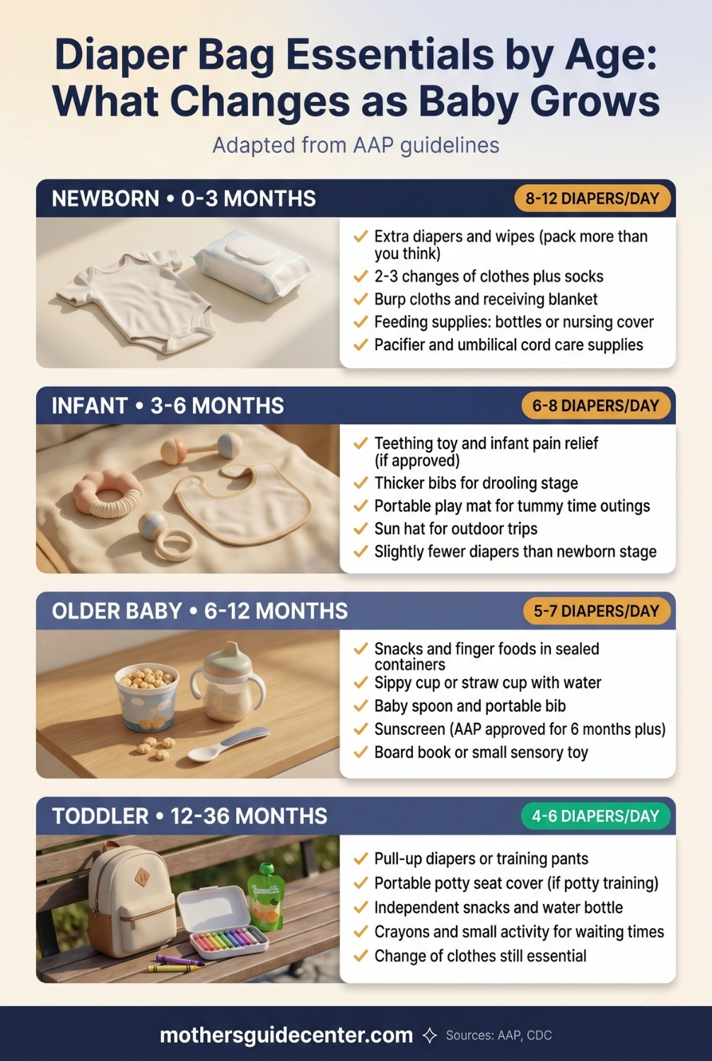 Diaper bag checklist infographic showing essentials for four age stages from newborn to toddler