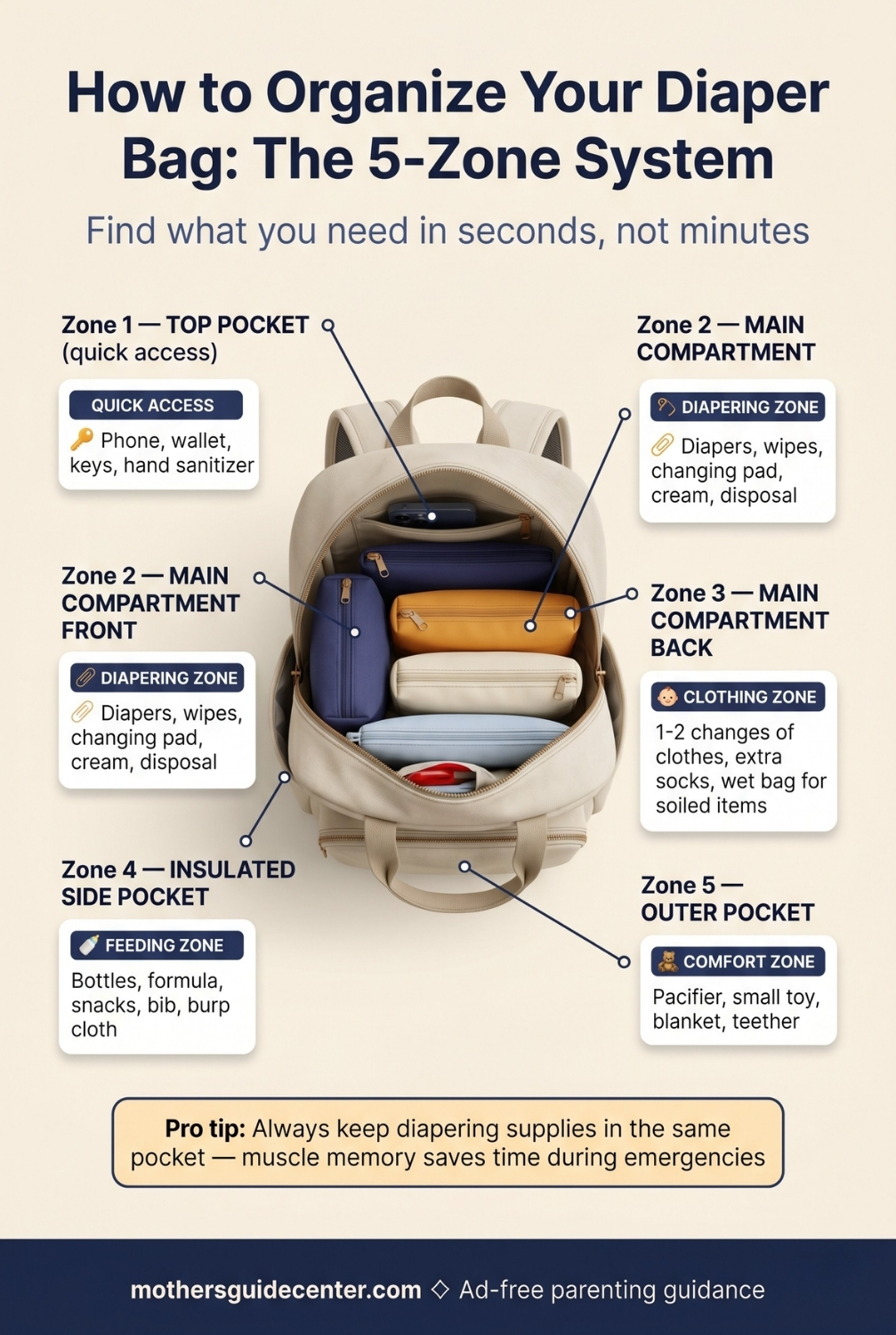 Infographic showing a five-zone organization system for packing a diaper bag with labeled compartments