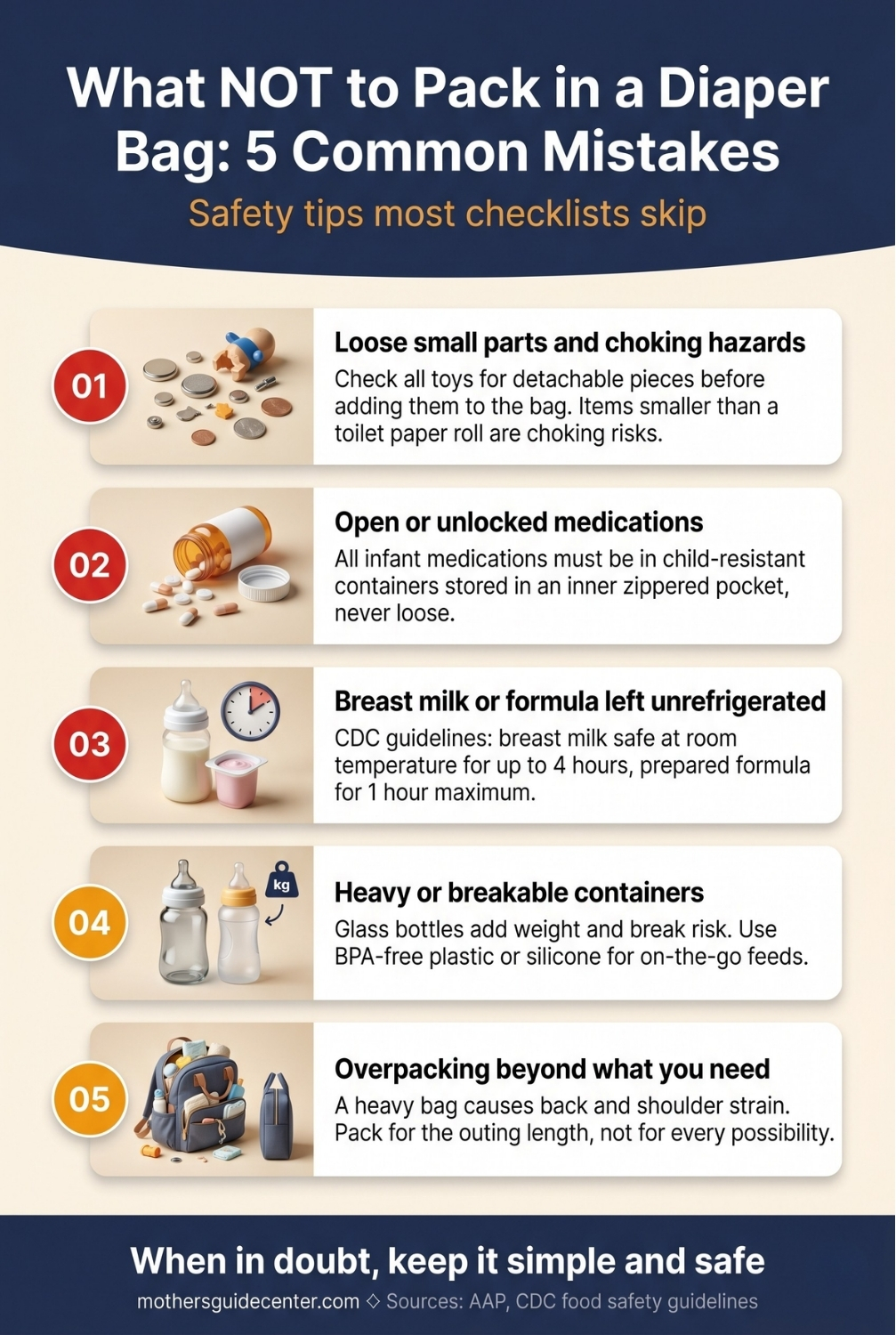 Infographic listing five common diaper bag packing mistakes to avoid including choking hazards and food safety
