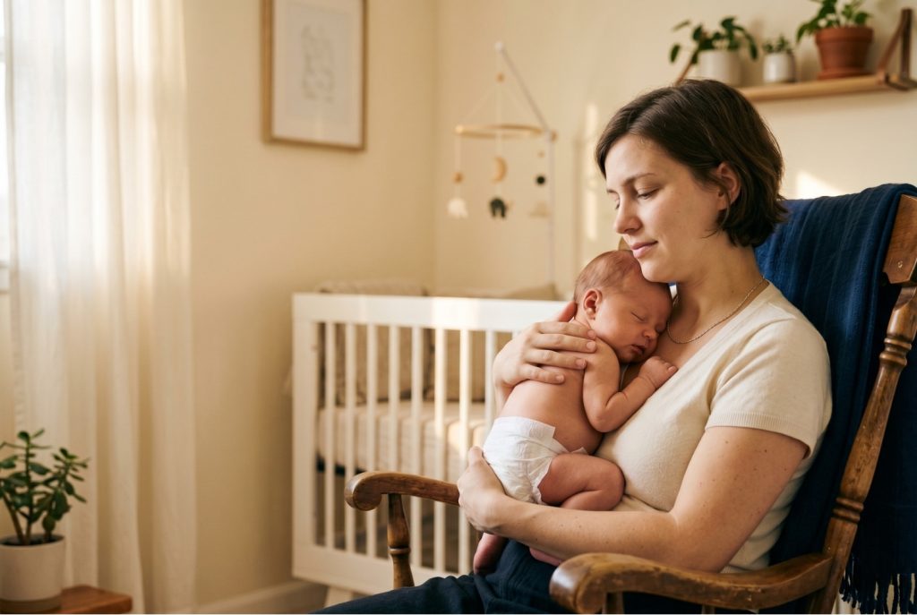Mother holding her newborn in skin-to-skin position in a warm nursery with soft morning light