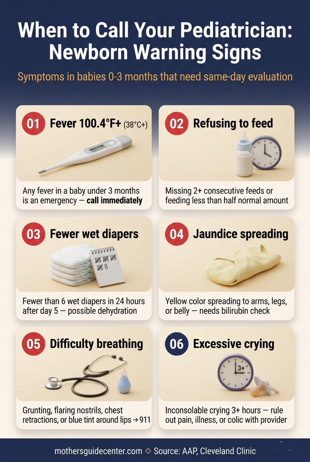 Vertical infographic showing newborn warning signs that require calling a pediatrician including fever, feeding refusal, and breathing difficulty
