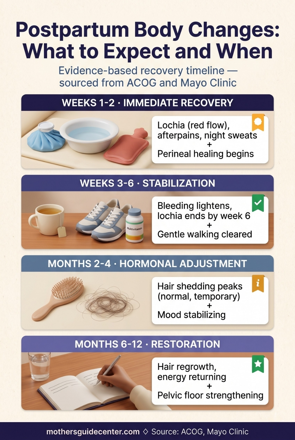 Vertical infographic showing postpartum body changes timeline from week 1 through month 12 including bleeding, hair loss, and hormone recovery