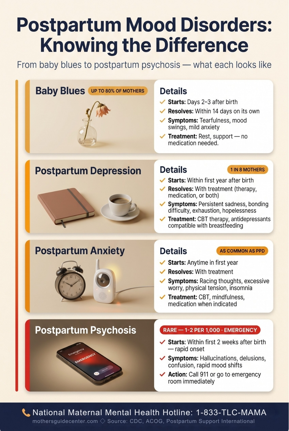 Vertical infographic showing the spectrum of postpartum mood disorders from baby blues through postpartum depression, anxiety, and postpartum psychosis with symptoms and treatment for each