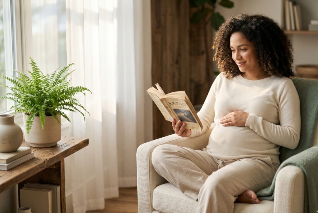 Expectant mother in second trimester sitting calmly by window reading a book, one hand on her belly