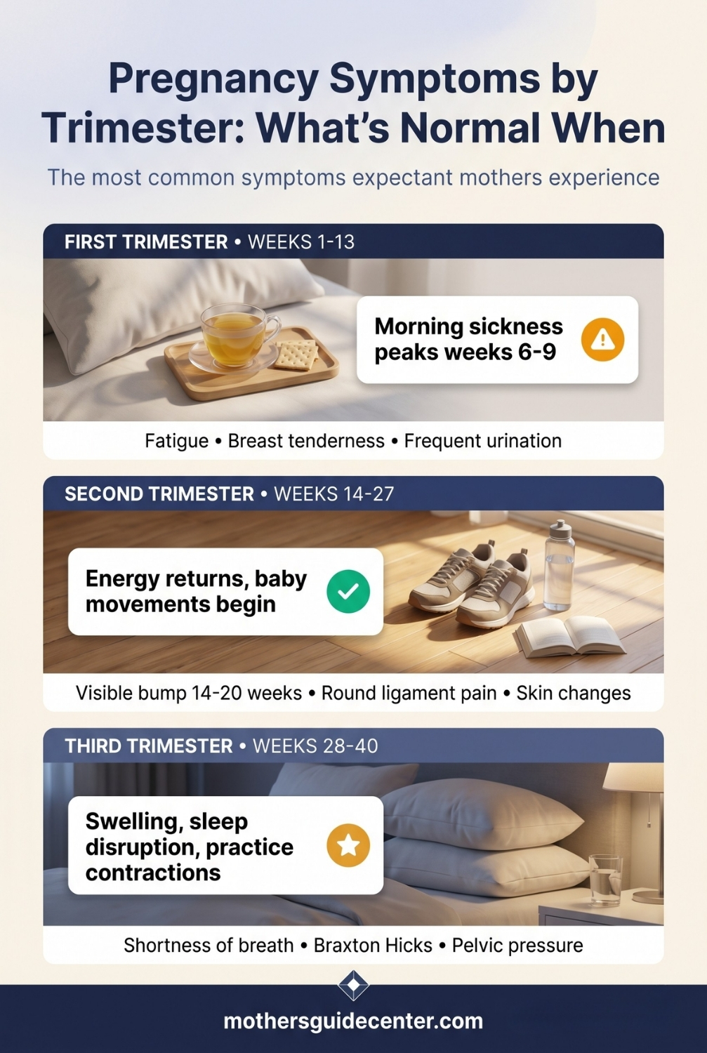 Vertical infographic showing common pregnancy symptoms organized by first, second, and third trimester with calming home-setting illustrations.
