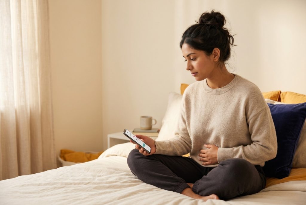 Woman sitting on bed tracking her menstrual cycle while resting one hand on her lower abdomen.