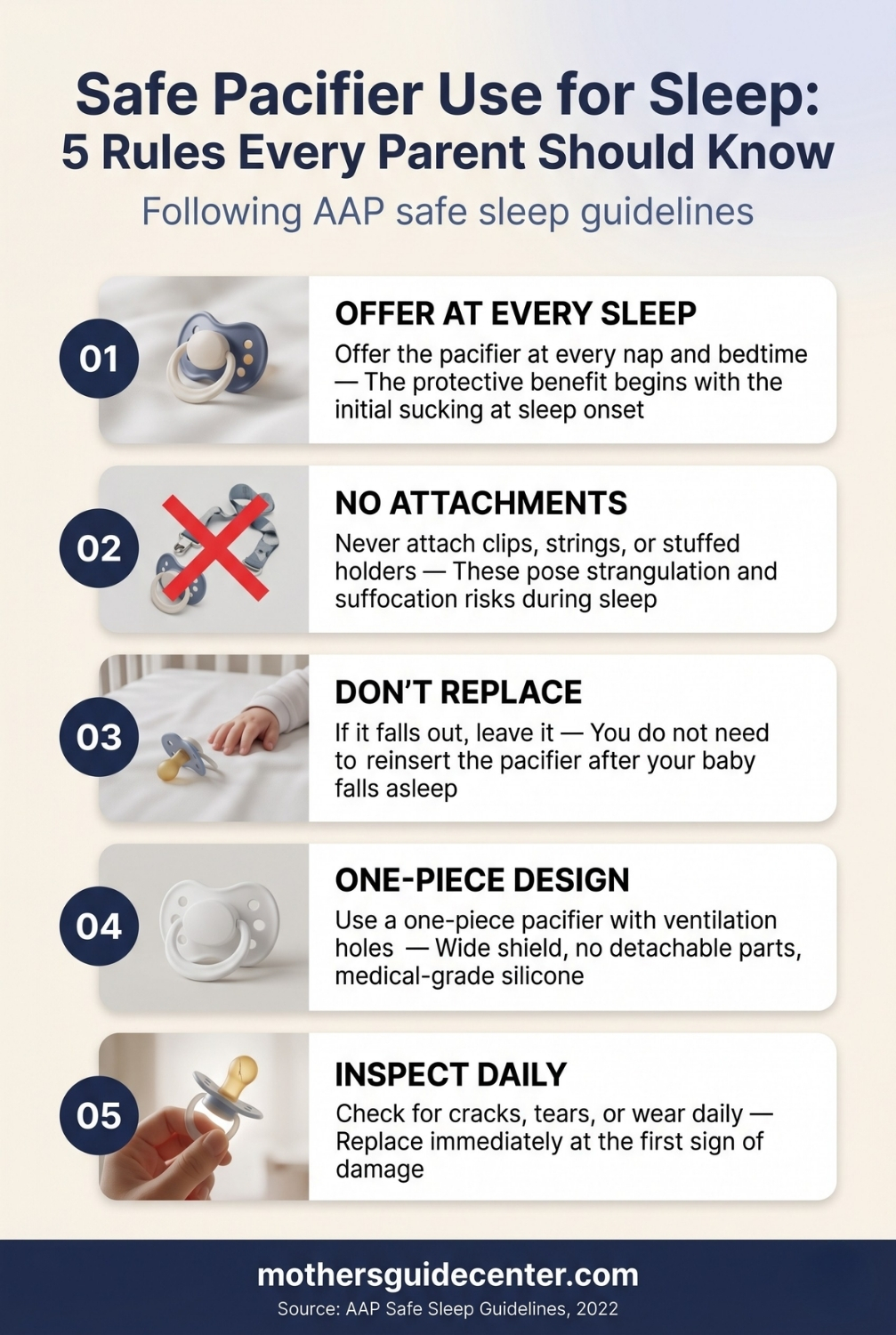 Can baby sleep with pacifier — infographic showing five AAP safe sleep rules