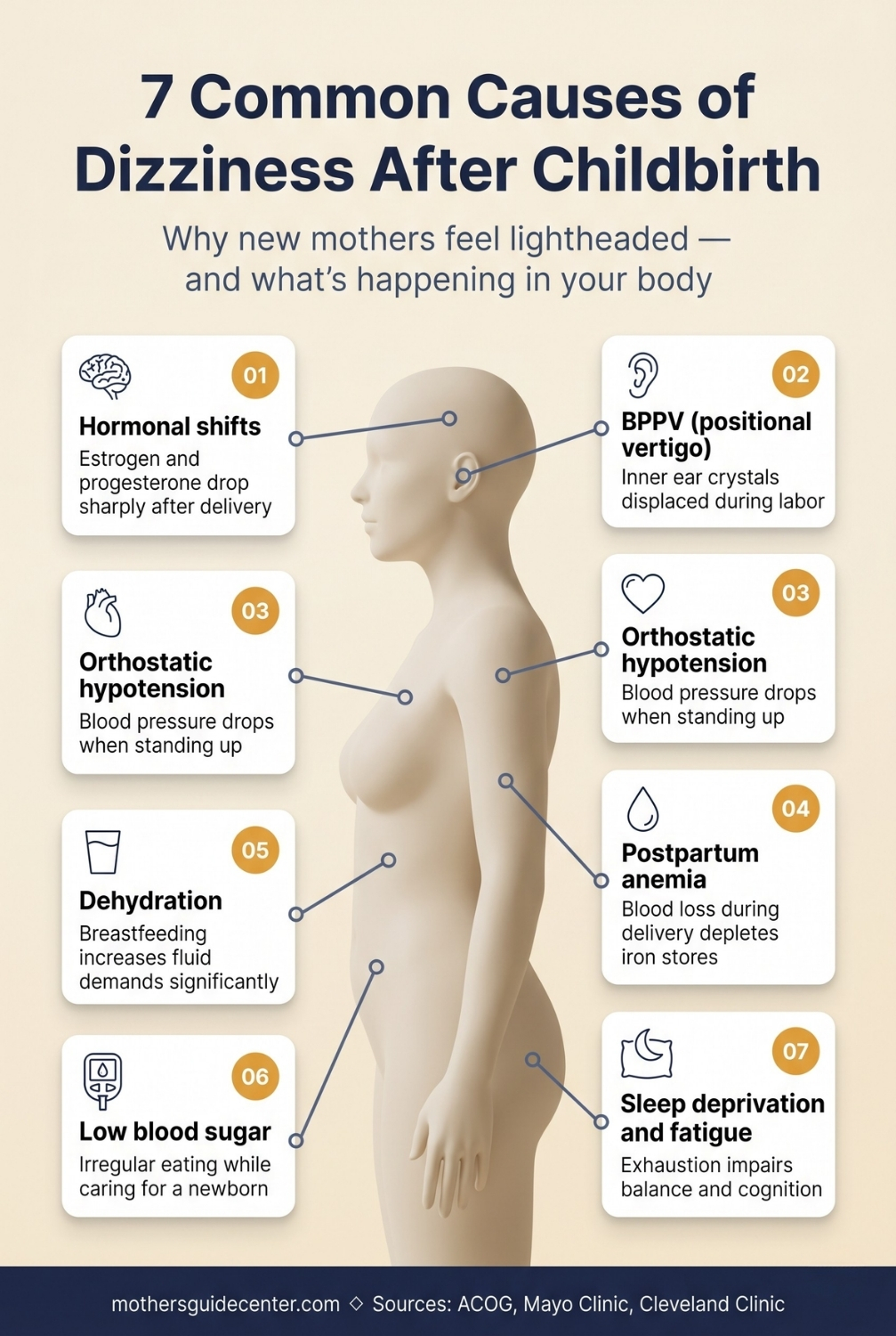 Infographic showing seven common causes of dizziness after childbirth mapped to body areas including anemia hormonal shifts and dehydration