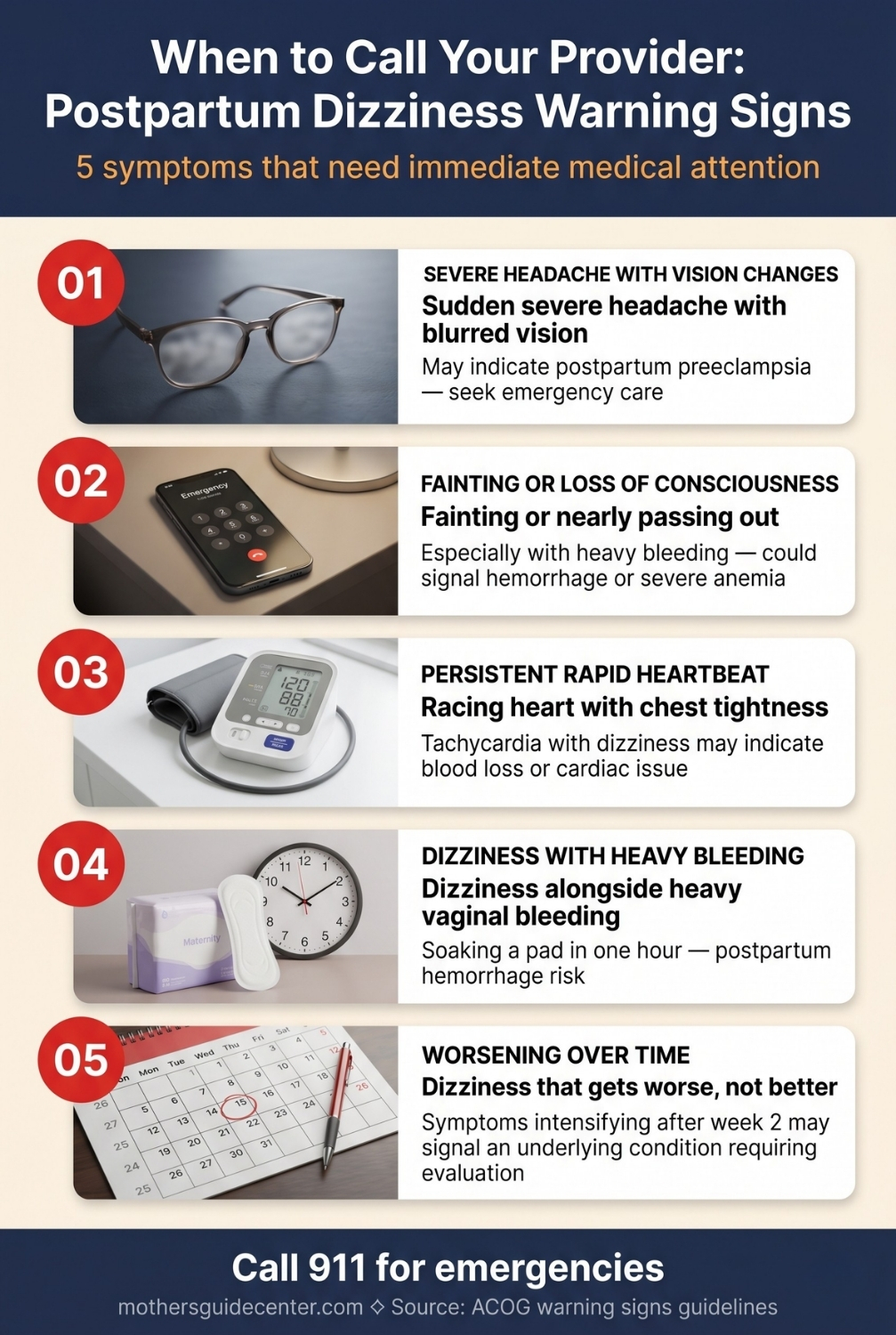 Infographic listing five postpartum dizziness warning signs that require immediate medical attention including headache with vision changes and fainting