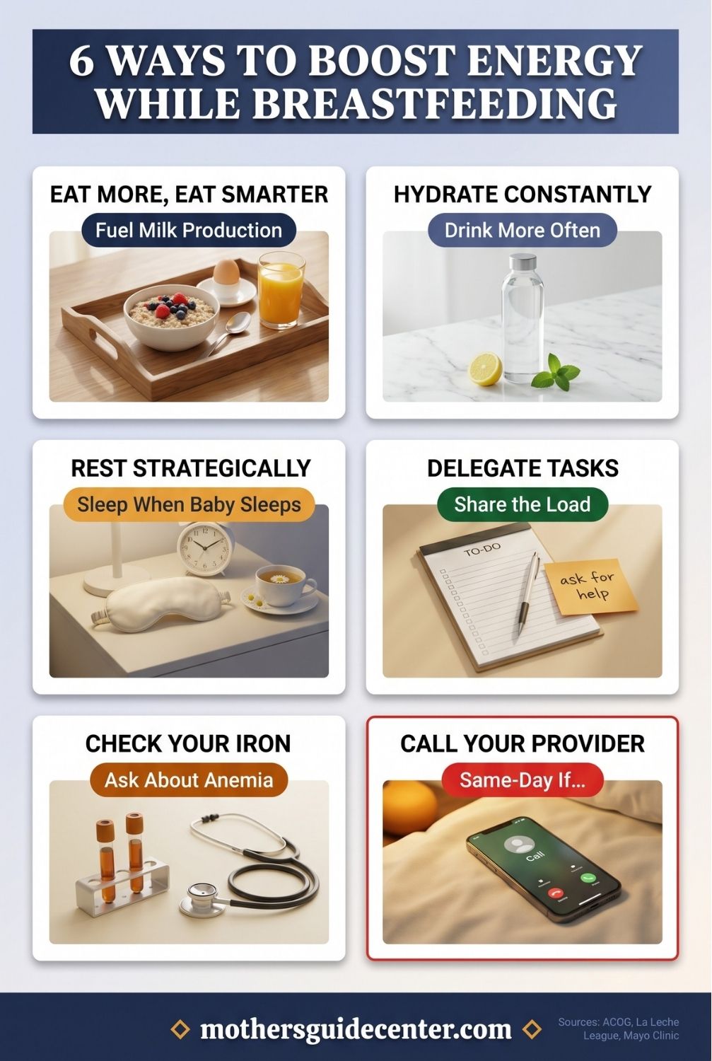 Vertical 3x2 grid infographic with six evidence-based strategies to boost energy while breastfeeding, with a same-day provider-contact card at bottom right.