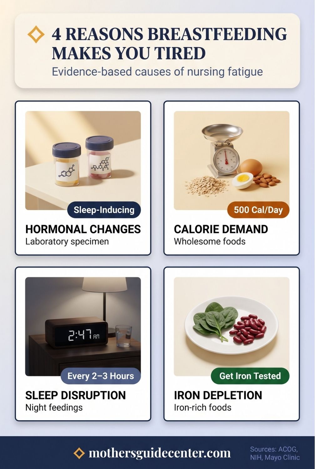 Vertical 2x2 grid infographic showing four evidence-based reasons breastfeeding causes fatigue: hormonal changes, calorie demand, sleep disruption, and iron depletion.