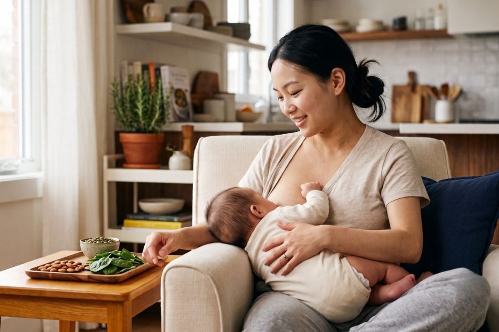 Breastfeeding mother sitting calmly with her infant in a warm home setting with magnesium-rich foods on a tray beside her