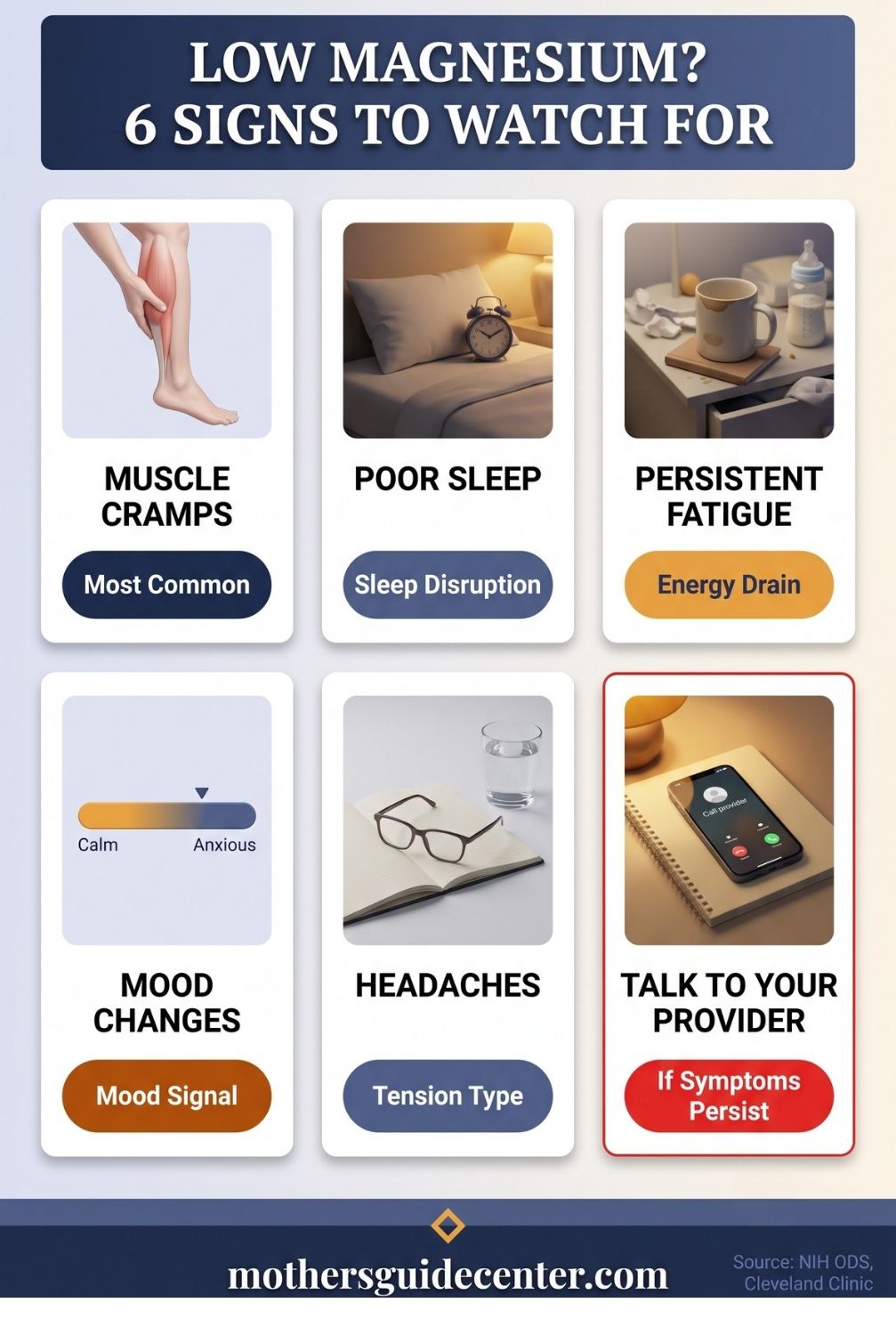 Vertical infographic listing six signs of magnesium deficiency in breastfeeding mothers with a provider-contact reminder card