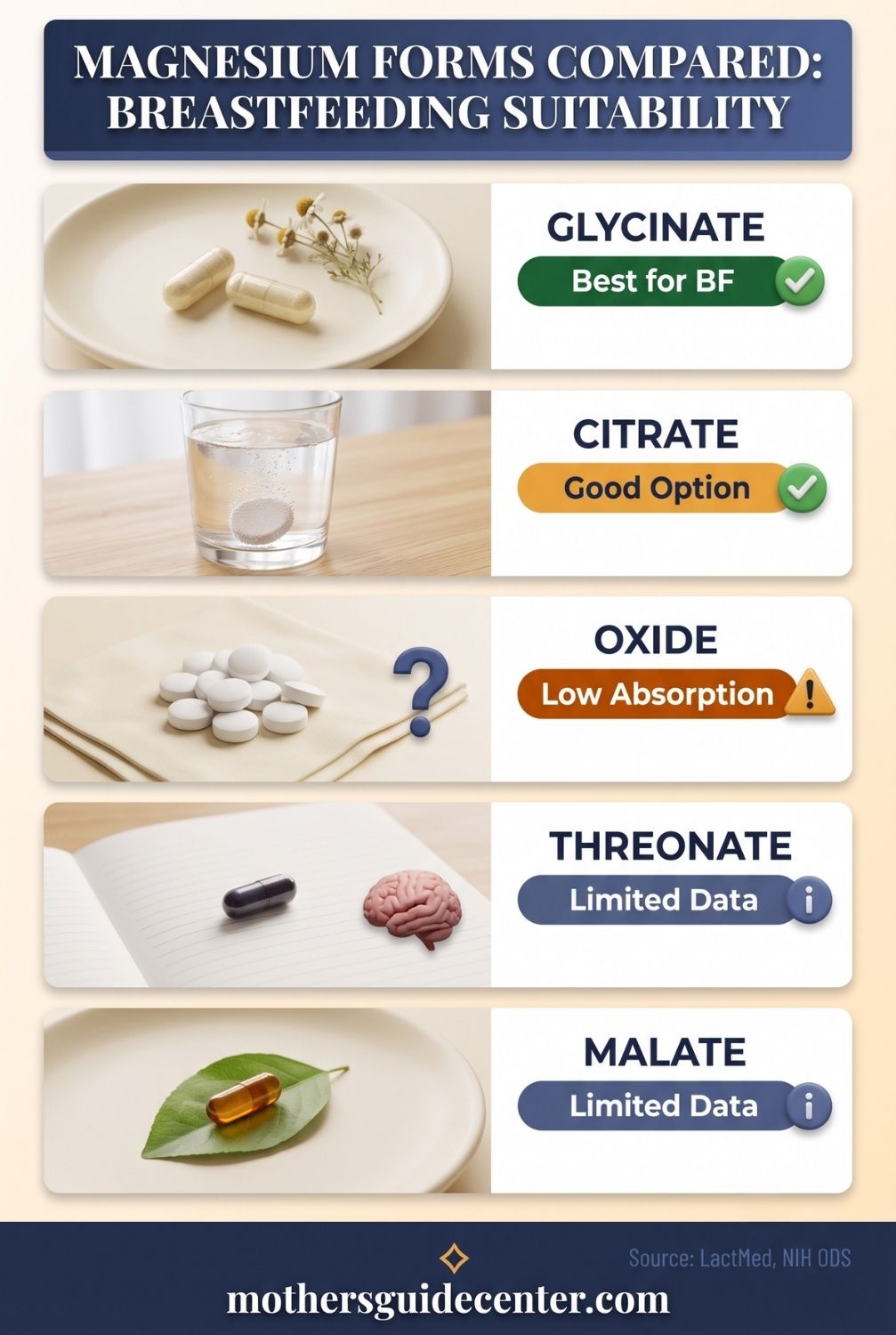 Vertical infographic comparing five magnesium supplement forms with breastfeeding suitability ratings from best to limited data