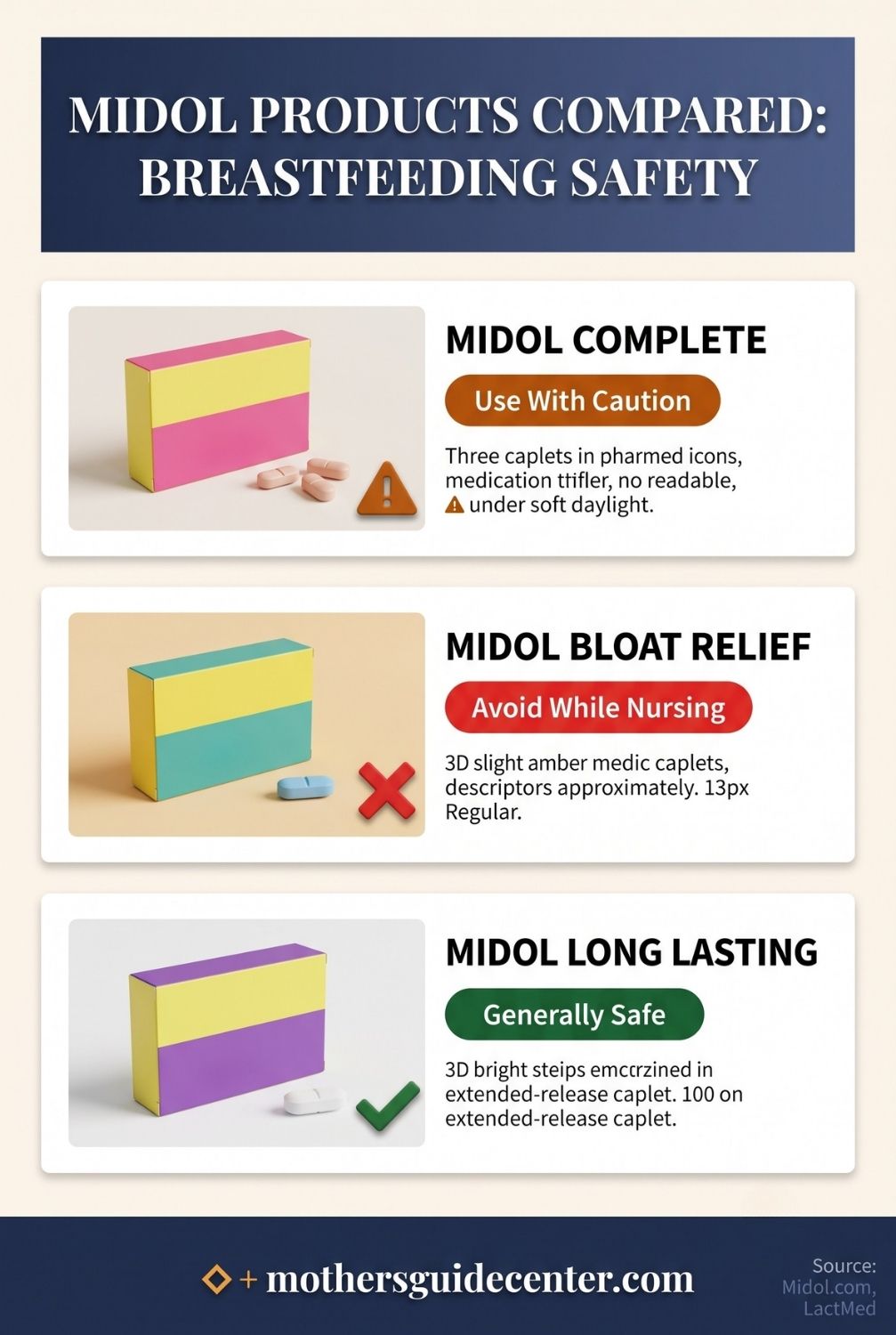 Comparison infographic of Midol Complete versus Bloat Relief versus Long Lasting Relief with breastfeeding safety ratings