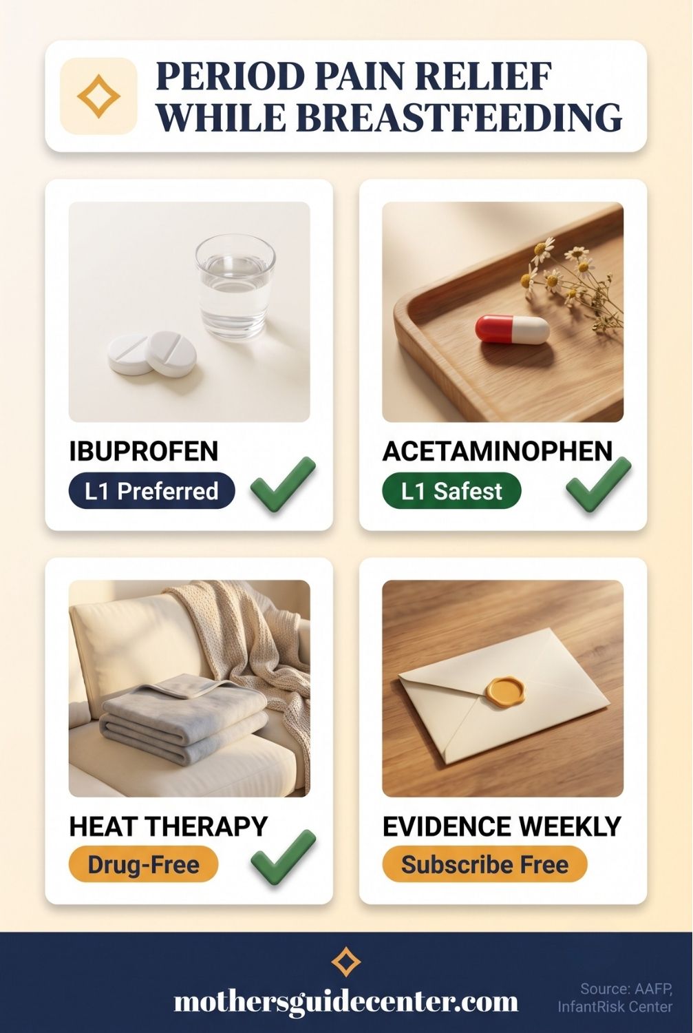 Infographic showing four breastfeeding-safe period pain alternatives including ibuprofen acetaminophen heat therapy and gentle exercise