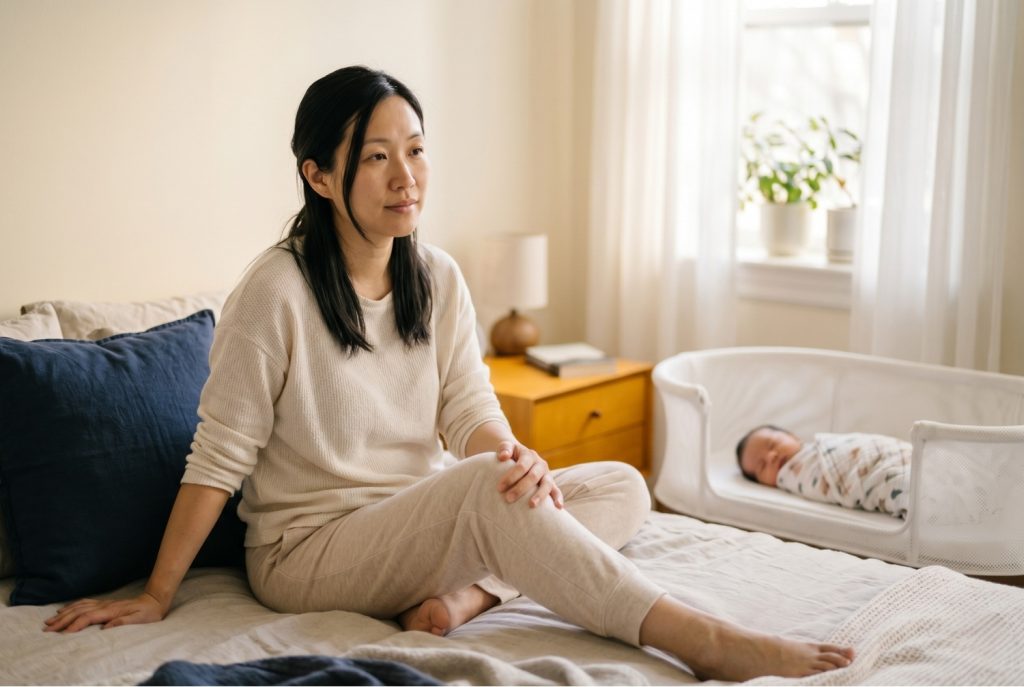 Asian mother sitting on bed gently rubbing her knee postpartum while newborn sleeps in nearby bassinet