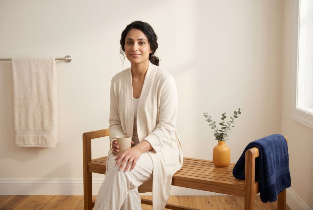 Postpartum mother in a soft cream robe seated peacefully on a bathroom bench during a calm morning recovery moment.