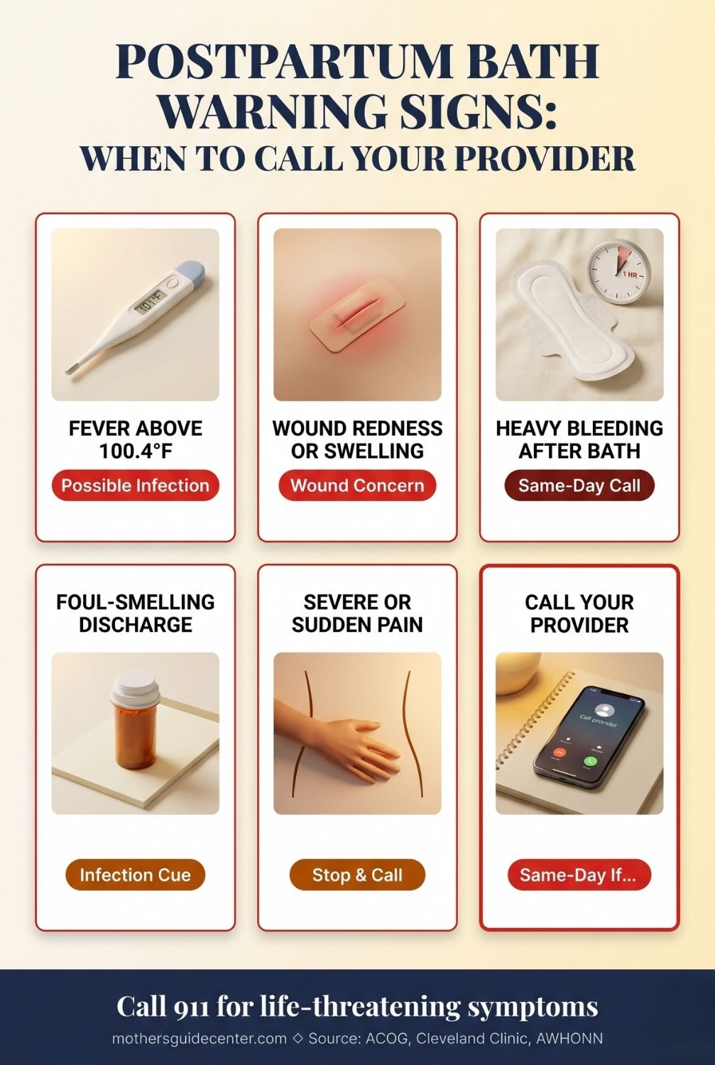 Vertical infographic listing five postpartum warning signs that require contacting your healthcare provider after a bath.
