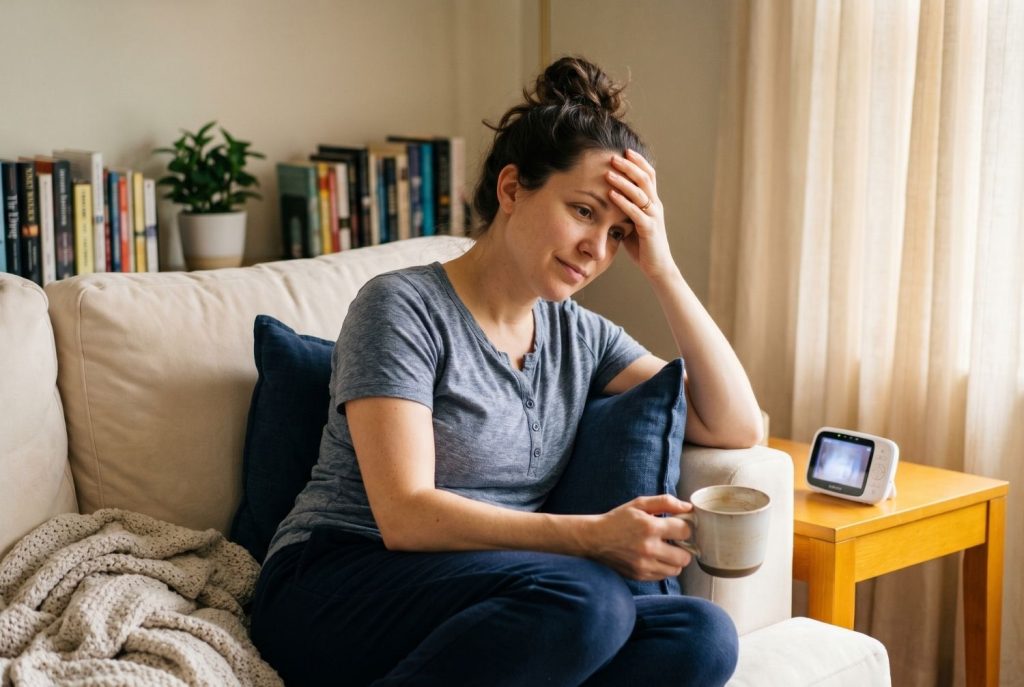 New mother sitting on sofa with hand on forehead holding coffee mug in quiet moment of postpartum brain fog