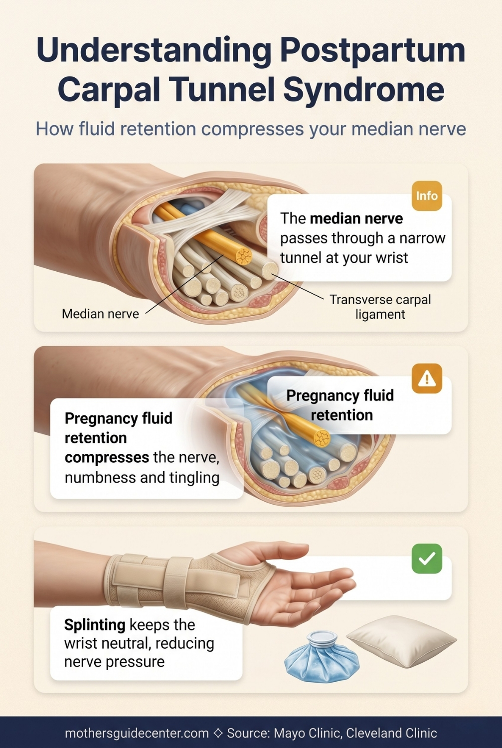 Vertical infographic showing carpal tunnel anatomy and how pregnancy fluid retention compresses the median nerve