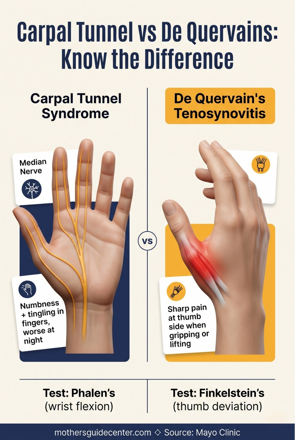 Side-by-side comparison infographic showing the difference between carpal tunnel syndrome and de Quervain's tenosynovitis in postpartum mothers