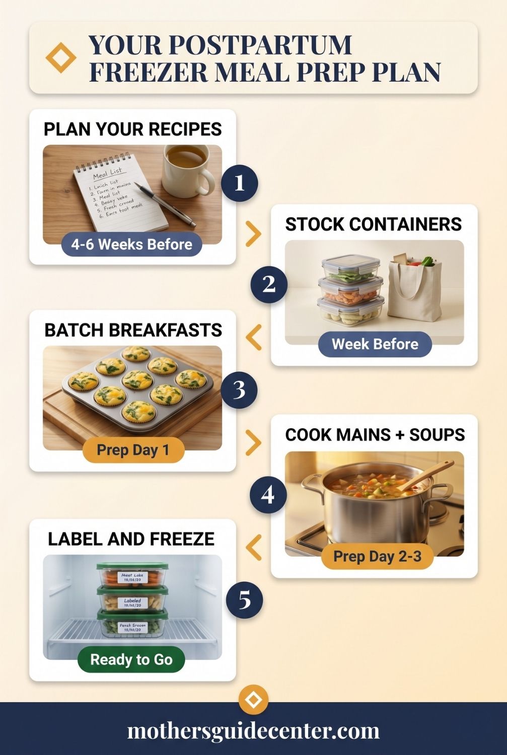 Vertical timeline infographic showing five steps to prepare postpartum freezer meals from planning recipes to labeling and freezing.