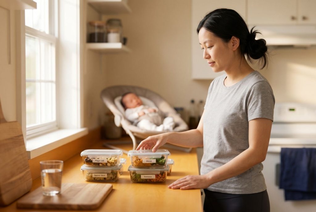 New mother arranging labeled glass meal prep containers on a warm kitchen counter with a sleeping newborn in the background