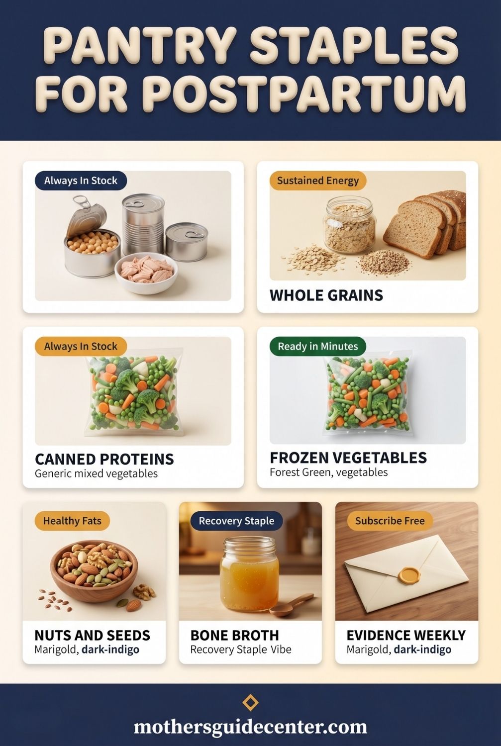 Vertical infographic showing six essential postpartum pantry staples including canned proteins, whole grains, frozen vegetables, nuts, and bone broth.
