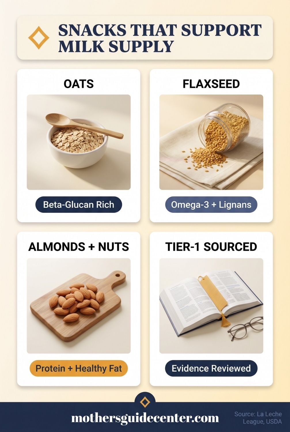 Vertical infographic showing four key lactation-supporting snack ingredients including oats flaxseed and almonds with evidence badges