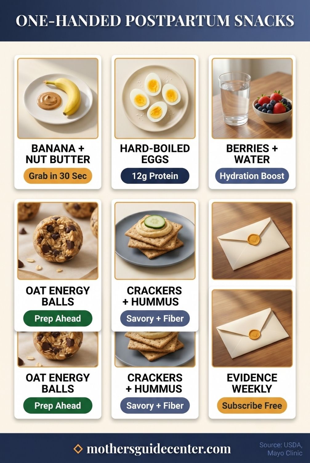 Vertical infographic showing six quick one-handed postpartum snack options with preparation time and nutrition badges