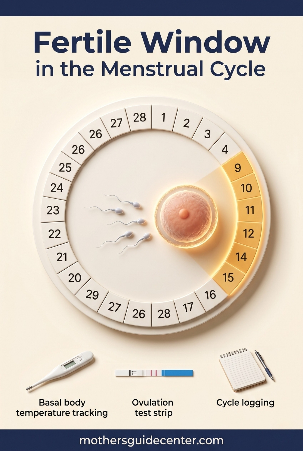 Vertical infographic explaining the six-day fertile window in the menstrual cycle with ovulation tracking methods