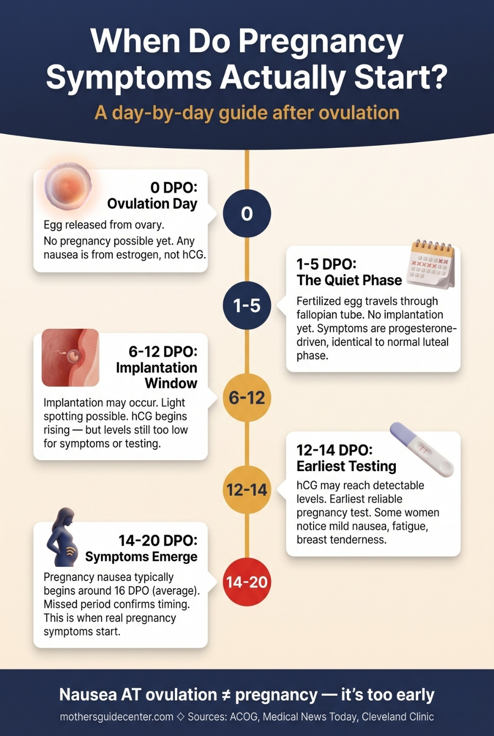 Vertical infographic showing five ovulation warning signs requiring medical attention including severe pain unusual bleeding and persistent nausea