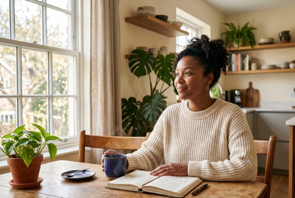 Woman sitting at sunlit kitchen table with journal and tea, planning her conception journey