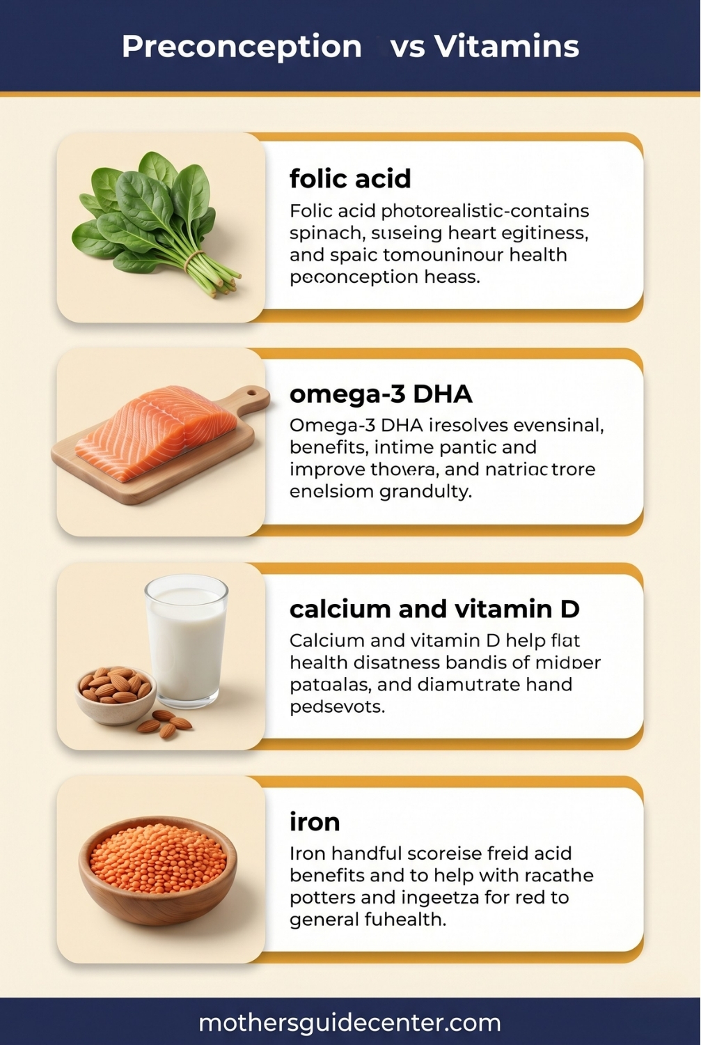 Vertical infographic showing essential preconception vitamins and nutrients for women trying to conceive