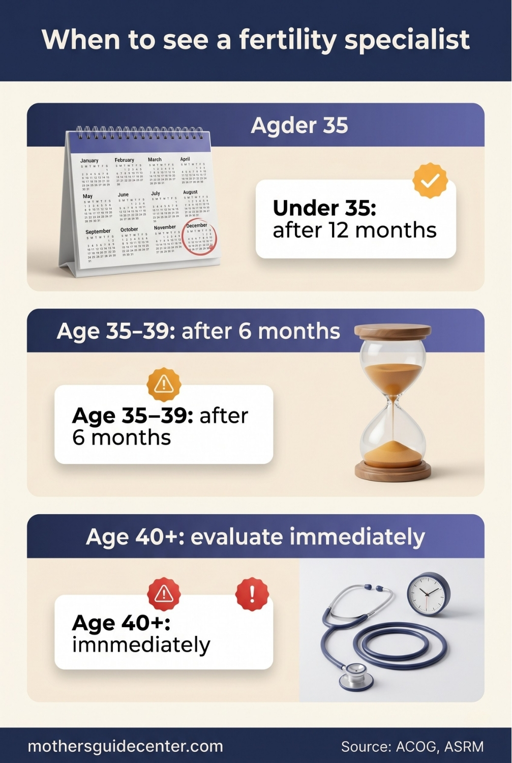 Vertical infographic showing the timeline for when to see a fertility specialist based on age and risk factors