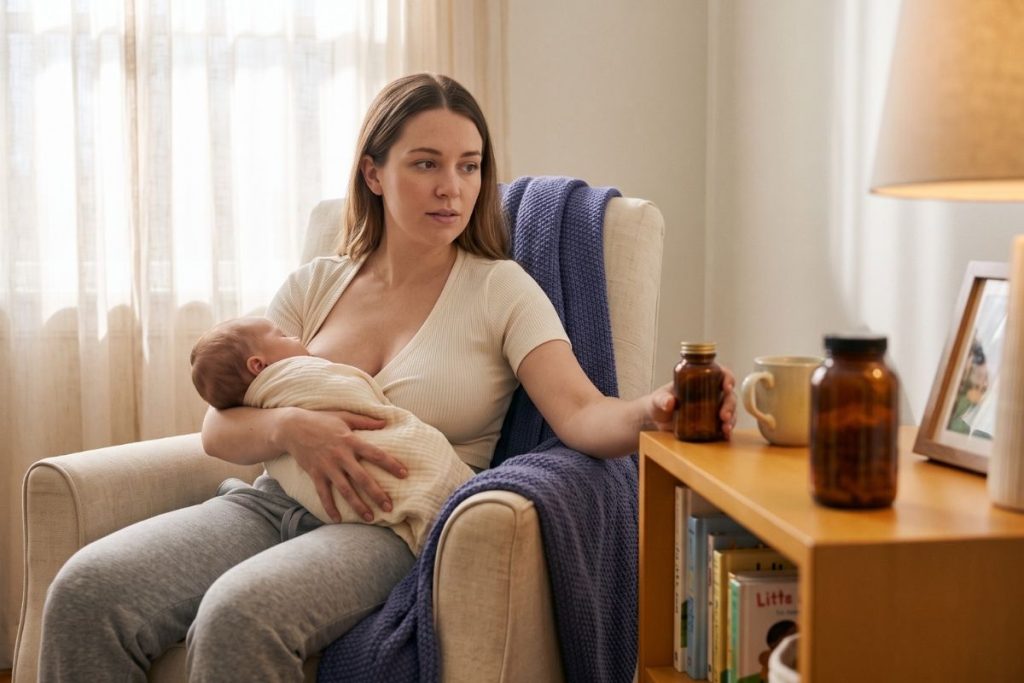Breastfeeding mother holding sleeping infant while looking thoughtfully at an unopened supplement bottle on a nearby shelf in soft morning light