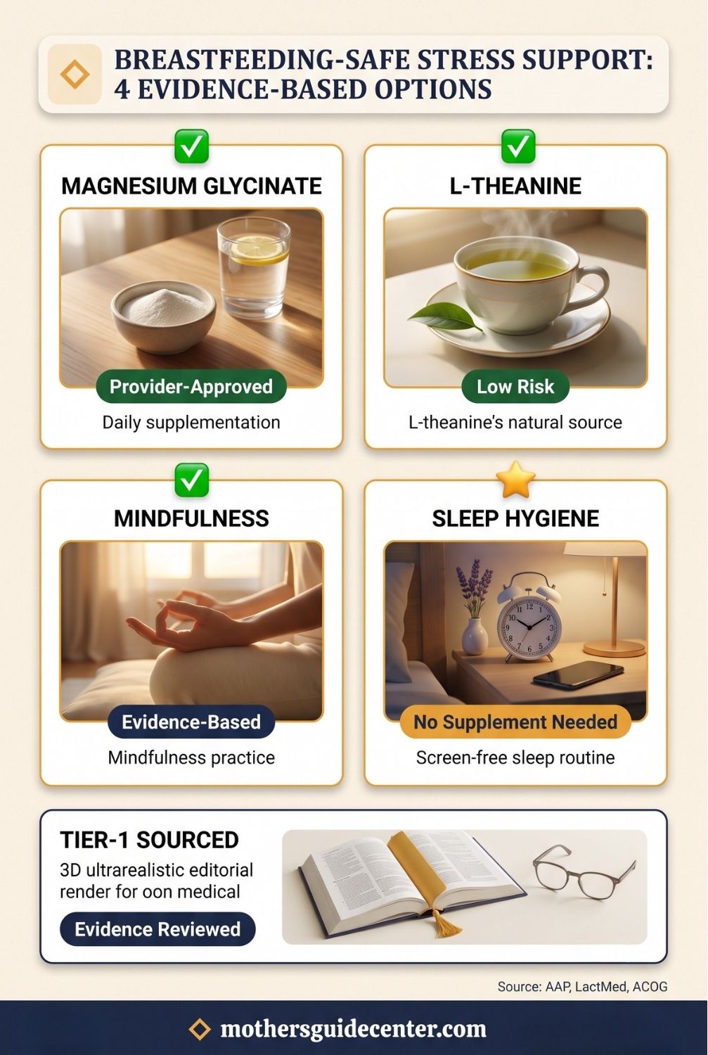 Grid infographic showing four breastfeeding-safe stress support alternatives including magnesium glycinate L-theanine mindfulness and sleep hygiene