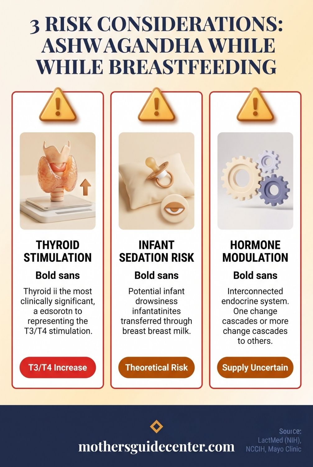 Vertical infographic showing three risk considerations for ashwagandha while breastfeeding including thyroid stimulation sedation risk and hormone modulation