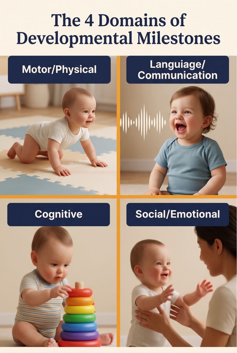 Four domains of infant developmental milestones showing motor, language, cognitive, and social-emotional development