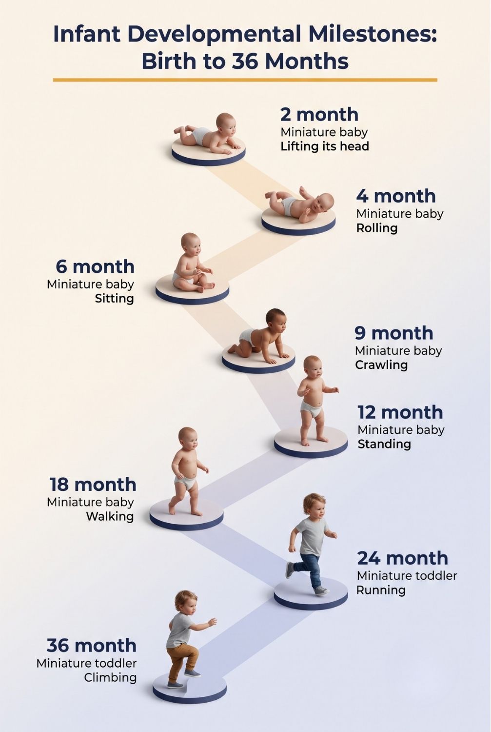 Month-by-month infant developmental milestone timeline from birth to 36 months showing key physical milestones