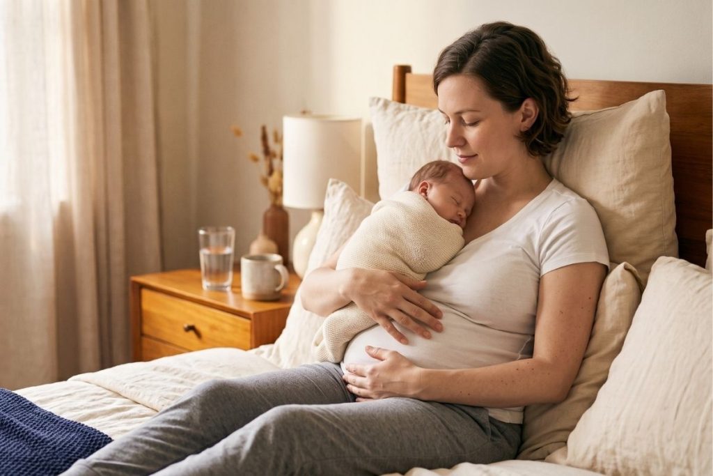 New mother in first week postpartum sitting in bed holding her newborn with one hand resting on her abdomen in soft morning light.