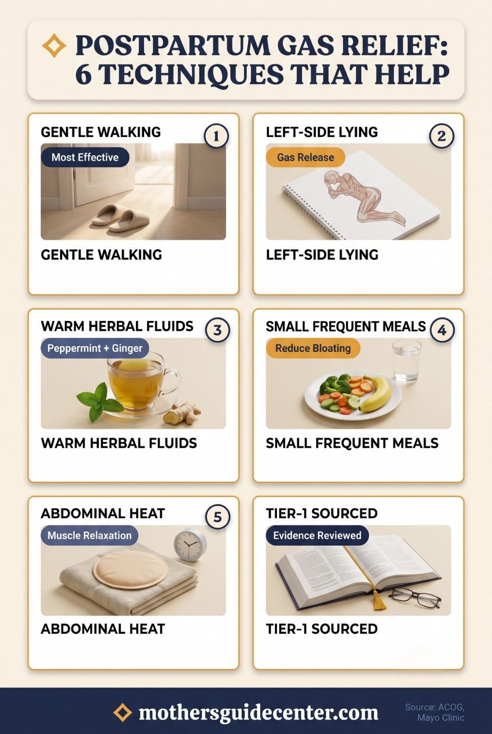 Six-card infographic showing postpartum gas relief techniques including walking, left-side positioning, warm fluids, small meals, and heat therapy