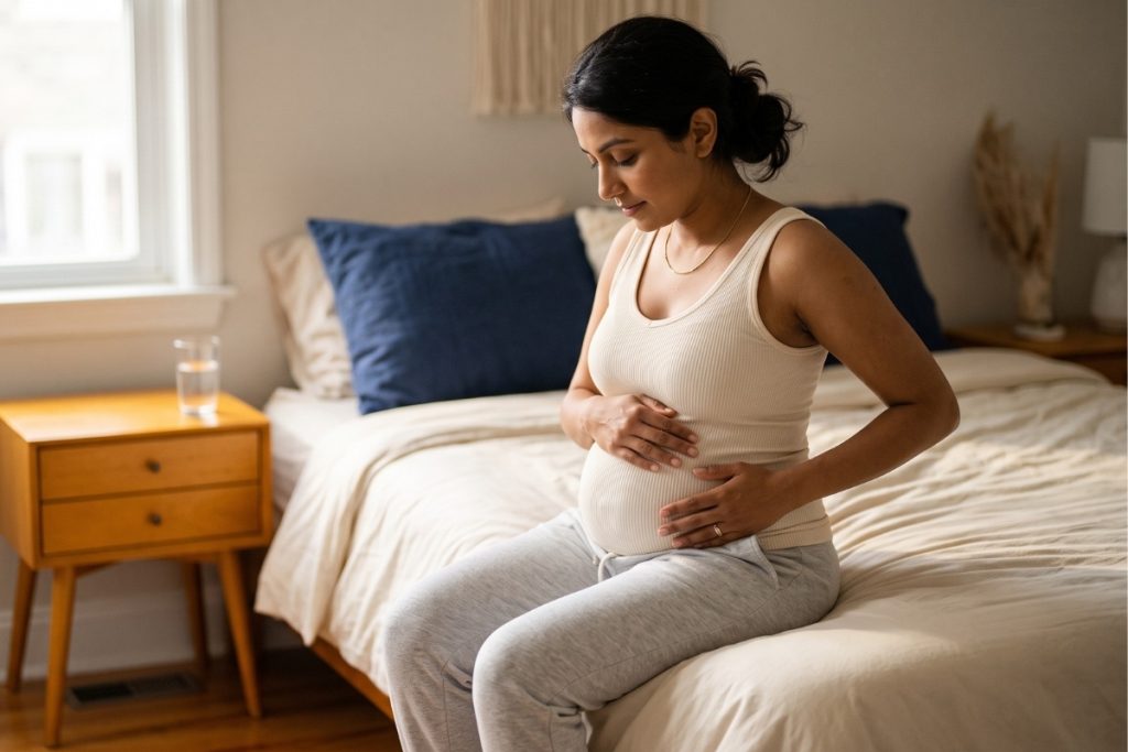 Expectant mother in second trimester sitting on bed with hand on lower abdomen managing round ligament discomfort.