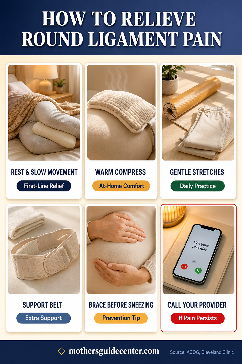 Vertical infographic showing six evidence-based techniques for relieving round ligament pain during pregnancy