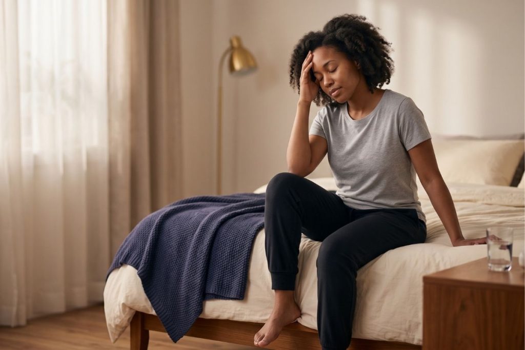 Postpartum mother sitting on bed edge with hand on forehead during a brief dizzy spell in soft morning light